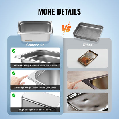 VEVOR 8 Pack Hotel Pans, 1/3 Size Anti-Jam Steam Pan with Lid, 0.8mm Thick Stainless