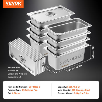 VEVOR 8 Pack Hotel Pans, 1/3 Size Anti-Jam Steam Pan with Lid, 0.8mm Thick Stainless