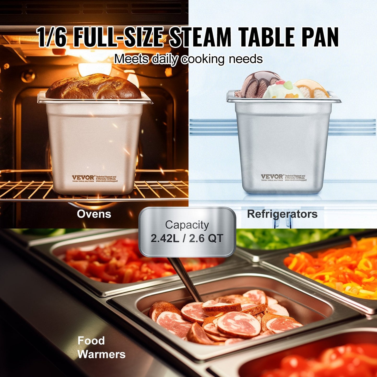 6-Pack Stainless Steel Hotel Pans, 1/6 Size, 16 cm Deep, Anti-Jam, Durable