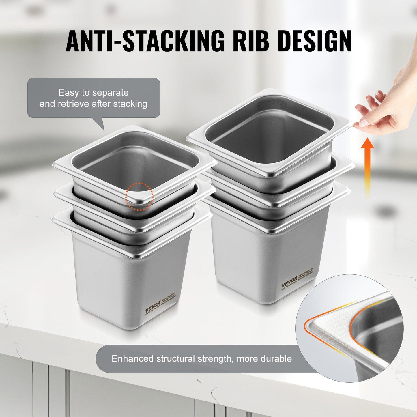 6-Pack Stainless Steel Hotel Pans, 1/6 Size, 16 cm Deep, Anti-Jam, Durable