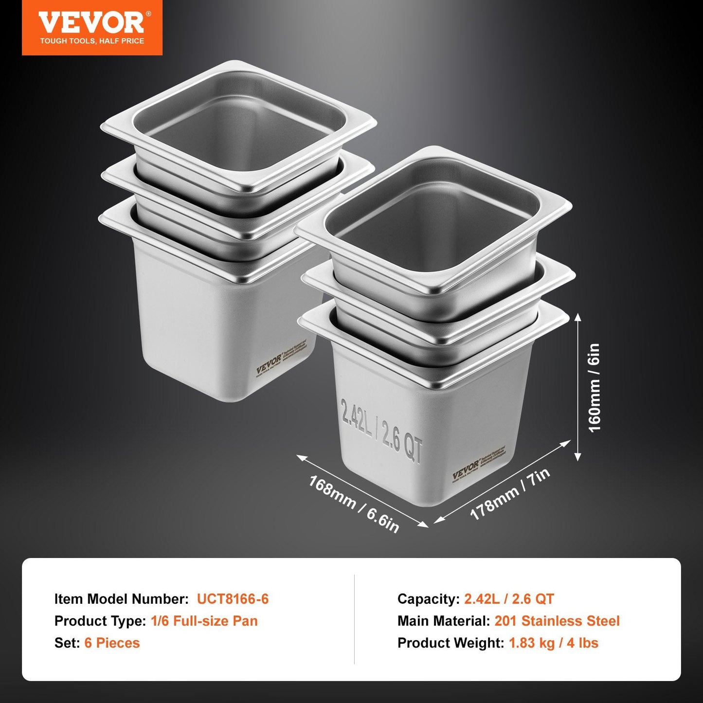 6-Pack Stainless Steel Hotel Pans, 1/6 Size, 16 cm Deep, Anti-Jam, Durable