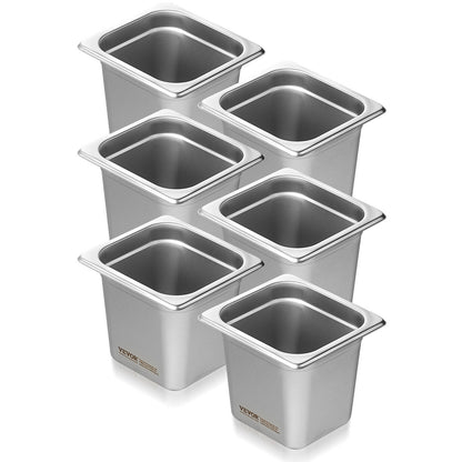 6-Pack Stainless Steel Hotel Pans, 1/6 Size, 16 cm Deep, Anti-Jam, Durable