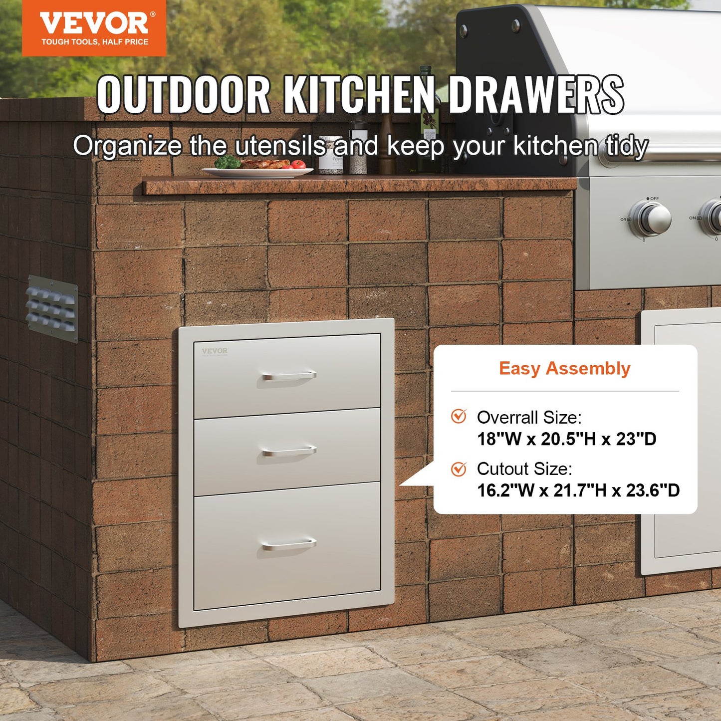 VEVOR 18x23 Inch Outdoor Kitchen Stainless Steel Triple Access BBQ Drawers with