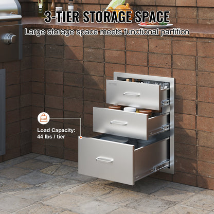 Stainless Steel Triple Access BBQ Drawers with Chrome Handle, 0.46x0.58 Meters