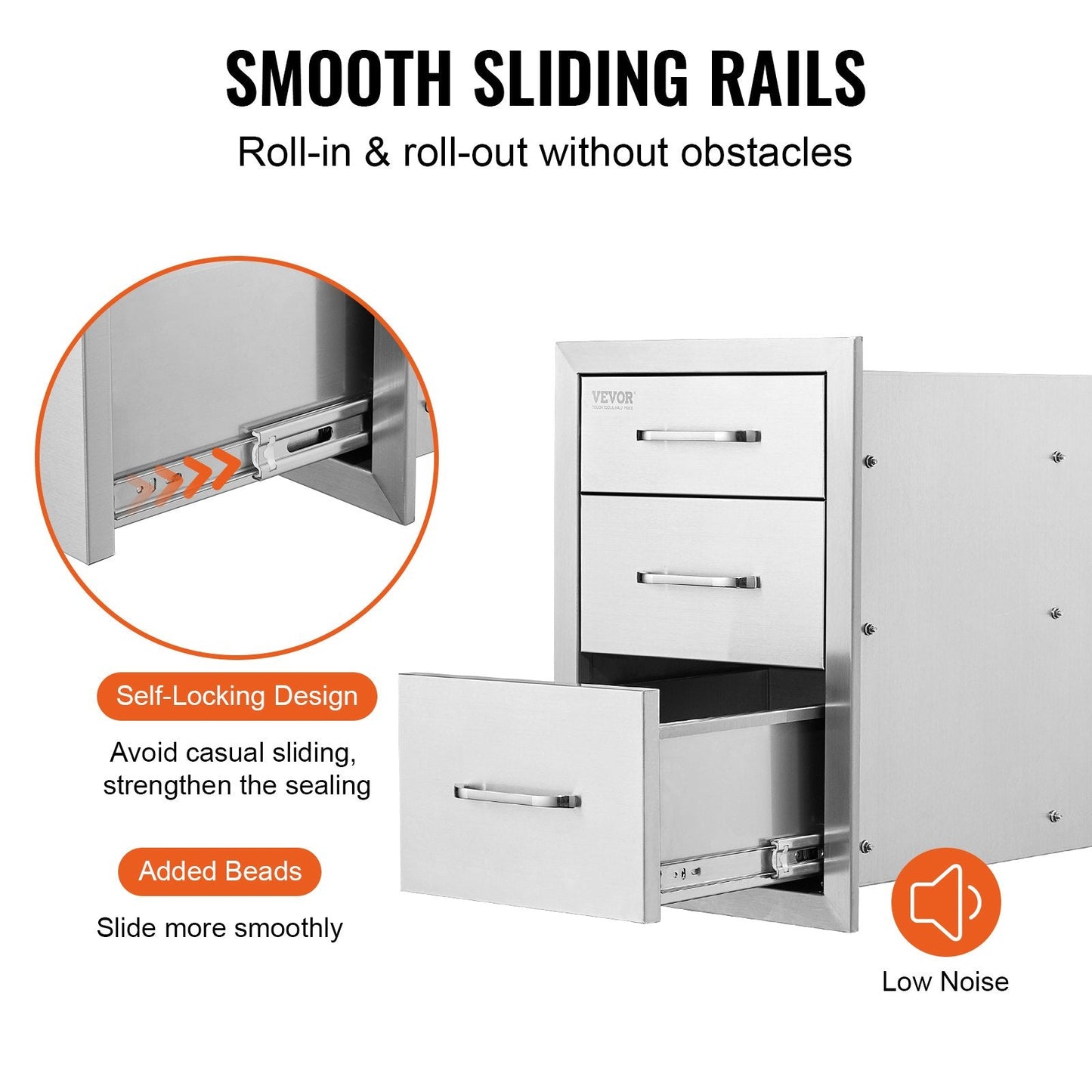 Stainless Steel Triple Access BBQ Drawers with Chrome Handle, 0.46x0.58 Meters