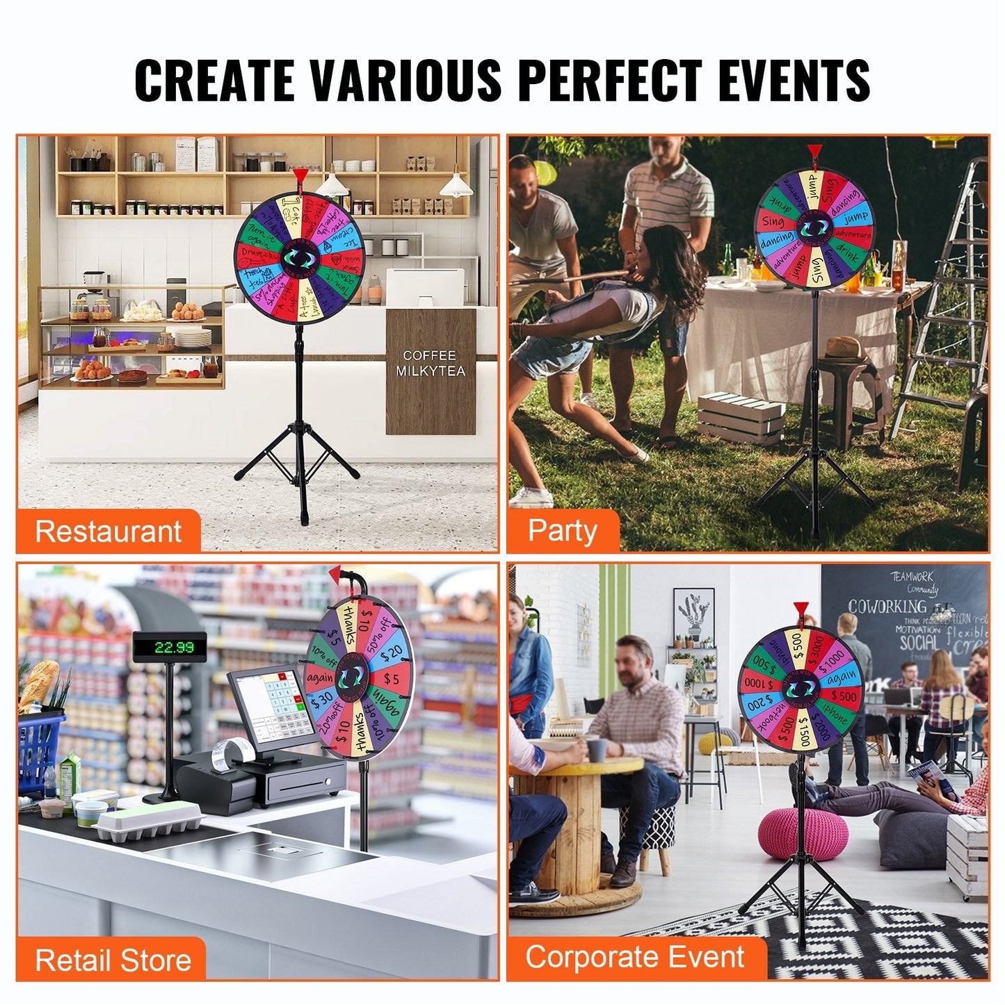 Portable 0.45m Color Prize Wheel with Adjustable Tripod Stand, 14 Slots
