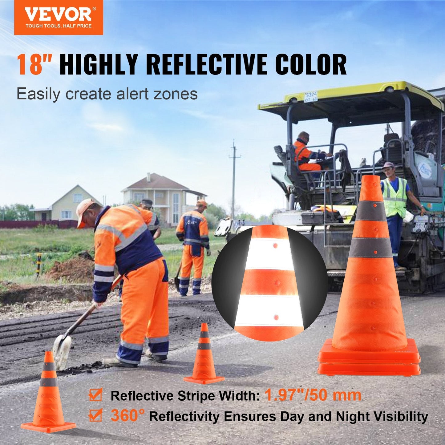 Collapsible 0.45m Traffic Cones, 2-Pack with Reflective Stripes and Storage Bag