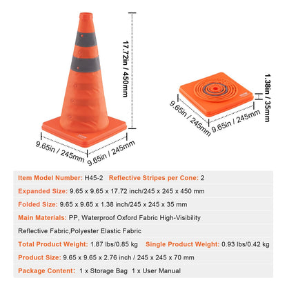 Collapsible 0.45m Traffic Cones, 2-Pack with Reflective Stripes and Storage Bag
