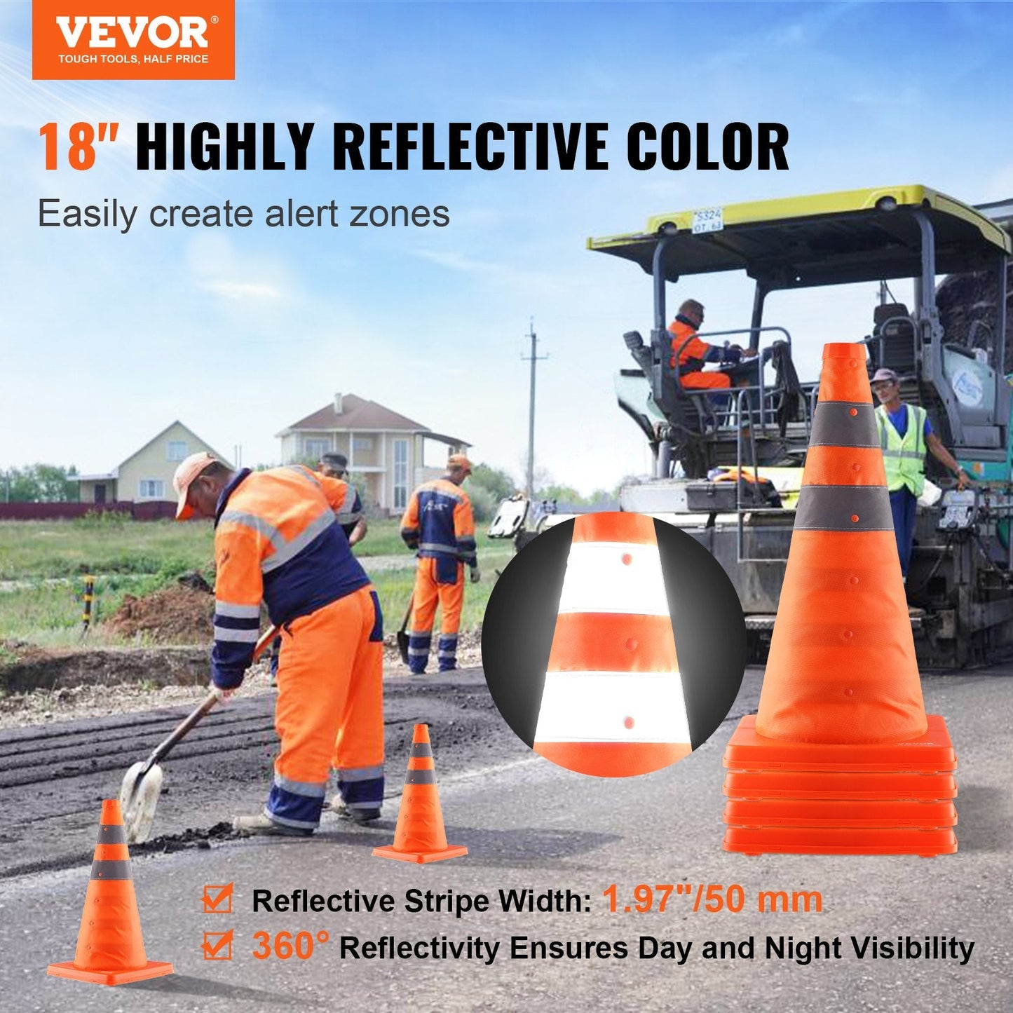 Collapsible Traffic Cones 4-Pack, 0.45m, with Reflective Collars and Storage Bag