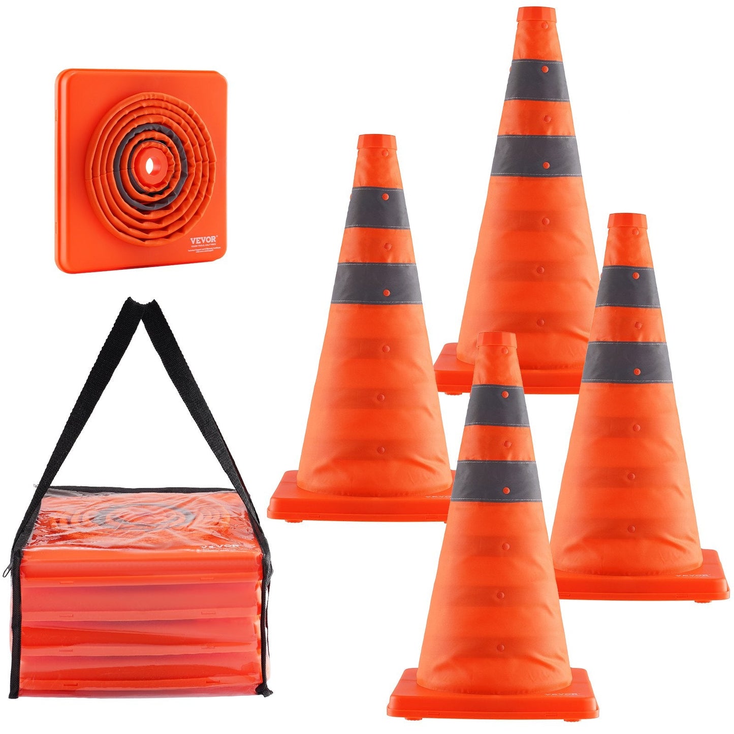 Collapsible Traffic Cones 4-Pack, 0.45m, with Reflective Collars and Storage Bag
