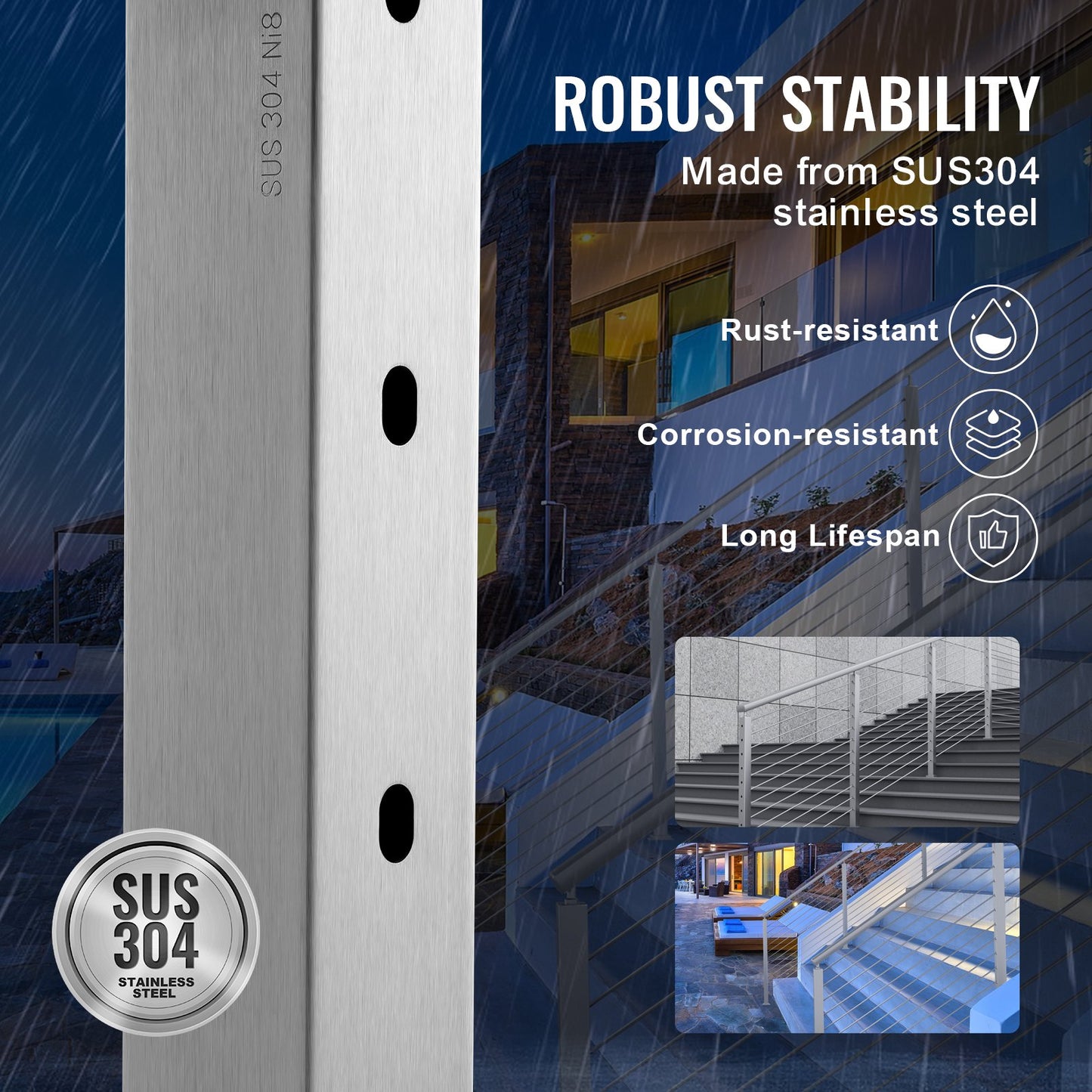 VEVOR Cable Railing Post, 42" x 2" x 2" Steel 30° Angled Hole Stair Railing Post,