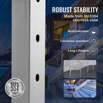 VEVOR Cable Railing Post, 42" x 2" x 2" Steel 30° Angled Hole Stair Railing Post,