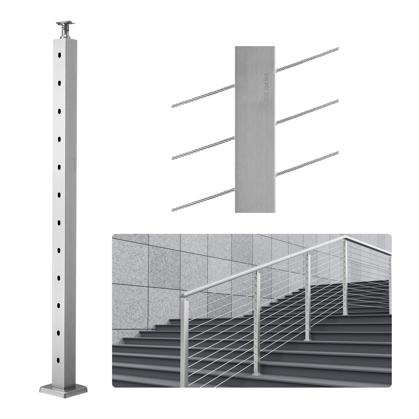 VEVOR Cable Railing Post, 42" x 2" x 2" Steel 30° Angled Hole Stair Railing Post,