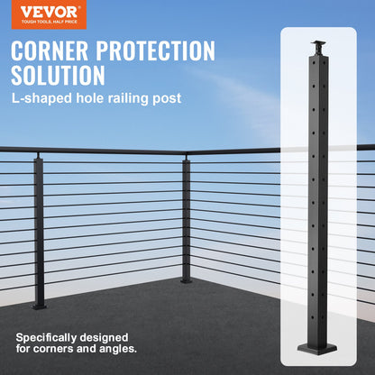 VEVOR Cable Railing Post, 42" x 2" x 2" Steel L-Shaped Hole Corner Railing Post,