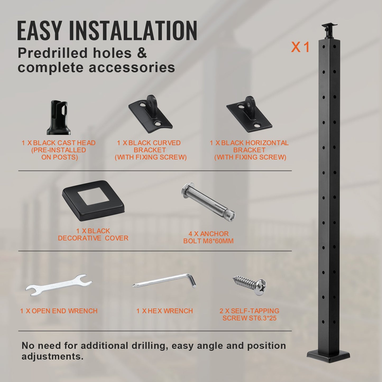 VEVOR Cable Railing Post, 42" x 2" x 2" Steel L-Shaped Hole Corner Railing Post,
