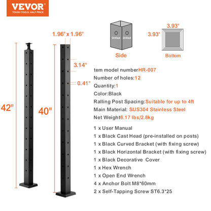 VEVOR Cable Railing Post, 42" x 2" x 2" Steel L-Shaped Hole Corner Railing Post,