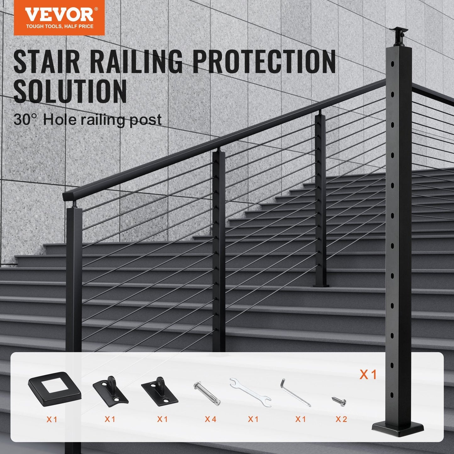 Stainless Steel Stair Railing Post, 106.7 x 5 x 5 cm, 30° Angled Holes, Black