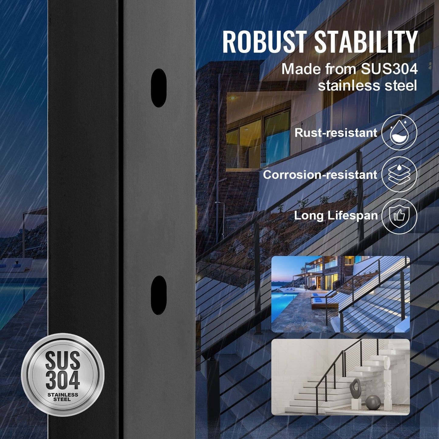 Stainless Steel Stair Railing Post, 106.7 x 5 x 5 cm, 30° Angled Holes, Black
