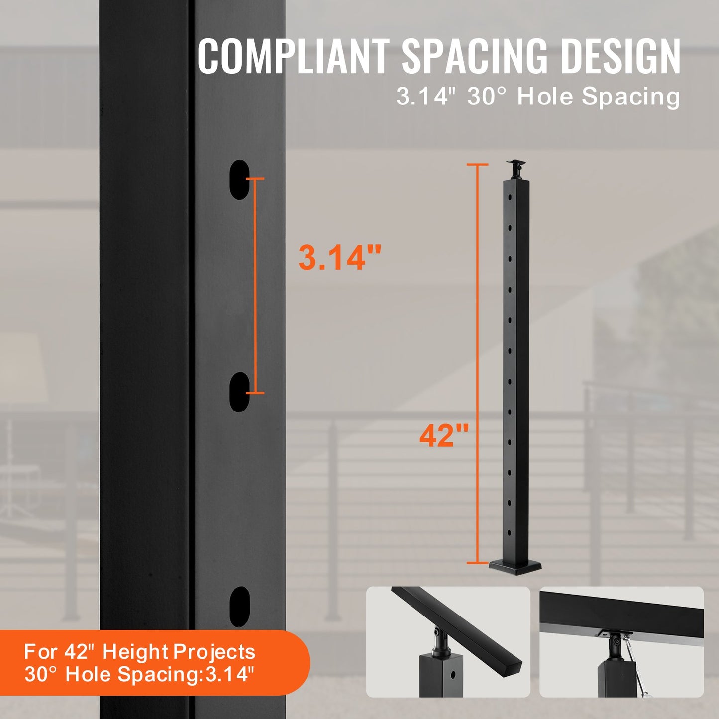 VEVOR Cable Railing Post, 42" x 2" x 2" Steel 30° Angled Hole Stair Railing Post,