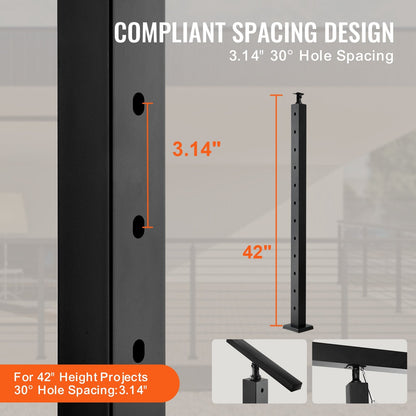 Stainless Steel Stair Railing Post, 106.7 x 5 x 5 cm, 30° Angled Holes, Black