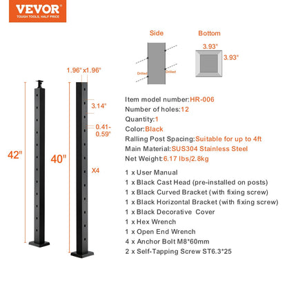 Stainless Steel Stair Railing Post, 106.7 x 5 x 5 cm, 30° Angled Holes, Black