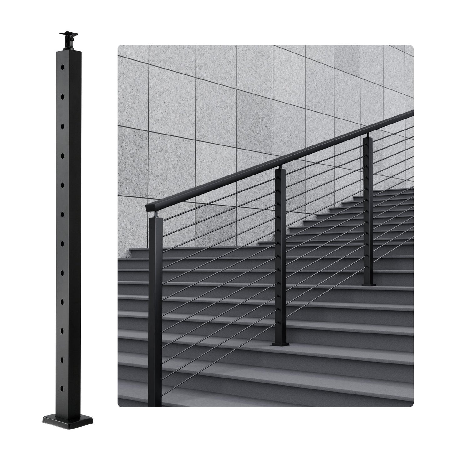 Stainless Steel Stair Railing Post, 106.7 x 5 x 5 cm, 30° Angled Holes, Black