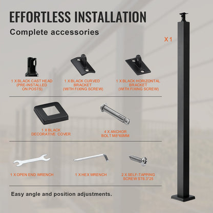 36" Stainless Steel Deck Railing Post with Brackets, Black, No Holes, 1-Pack