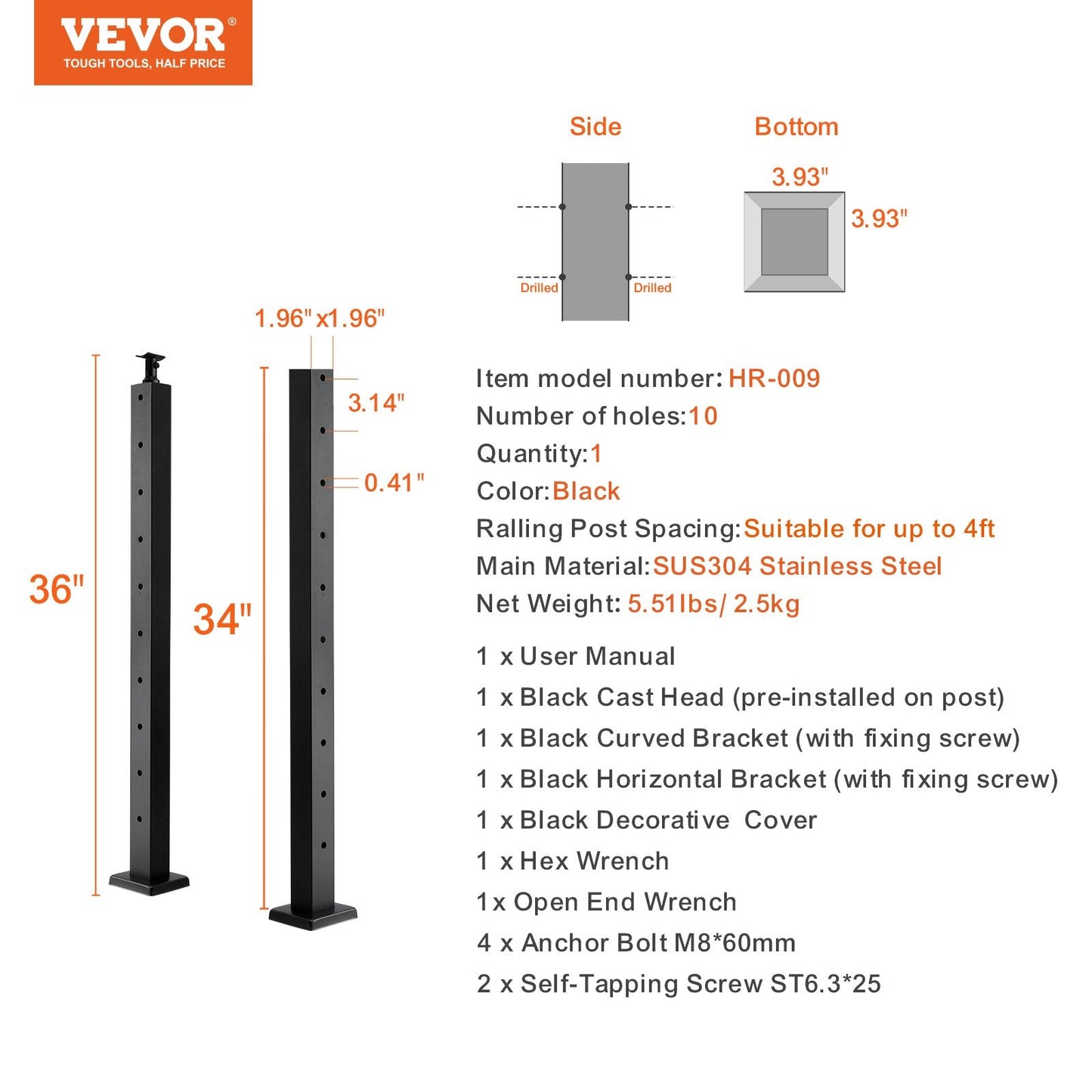 Stainless Steel Cable Railing Post with Horizontal Holes, Black, 91.4 cm