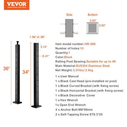 Stainless Steel Cable Railing Post with Horizontal Holes, Black, 91.4 cm