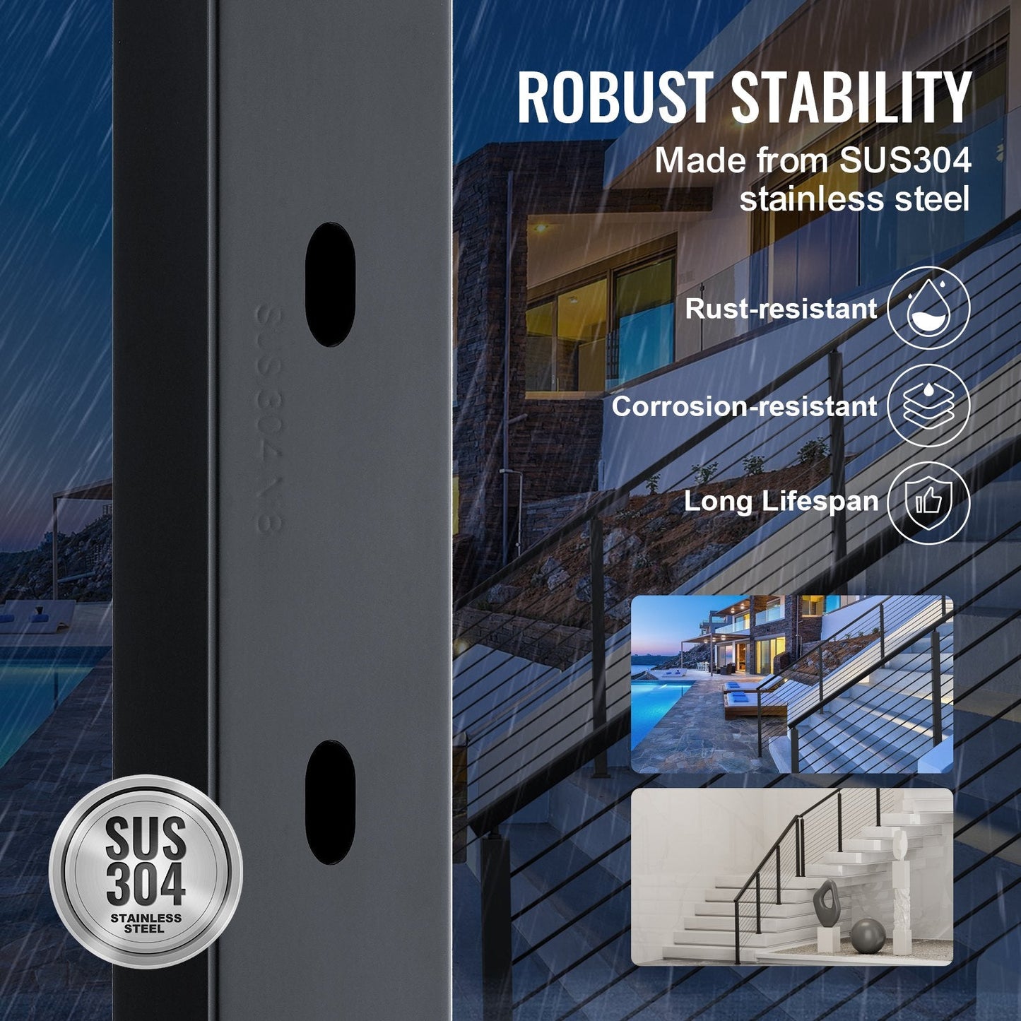 Stainless Steel Stair Railing Post with Angled Holes, 91.4x5x5 cm, Black
