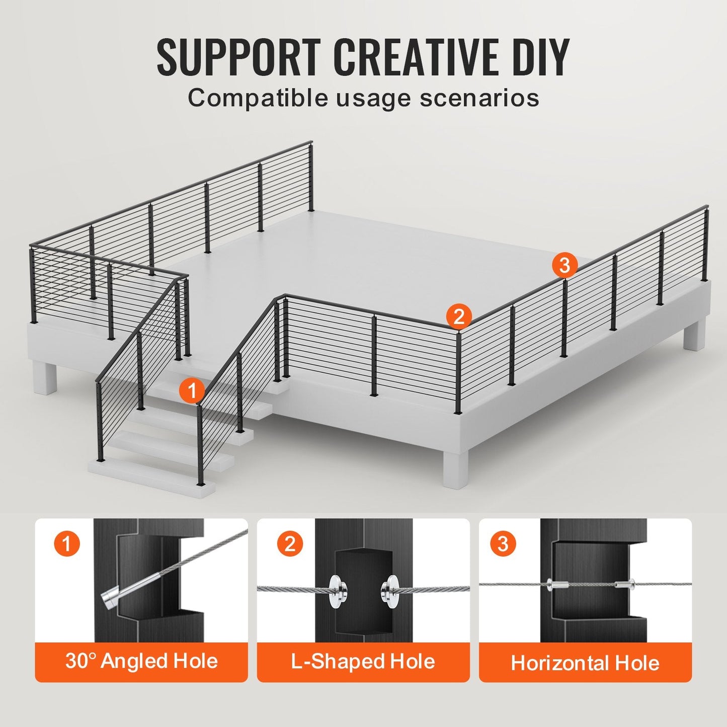 Stainless Steel Stair Railing Post with Angled Holes, 91.4x5x5 cm, Black
