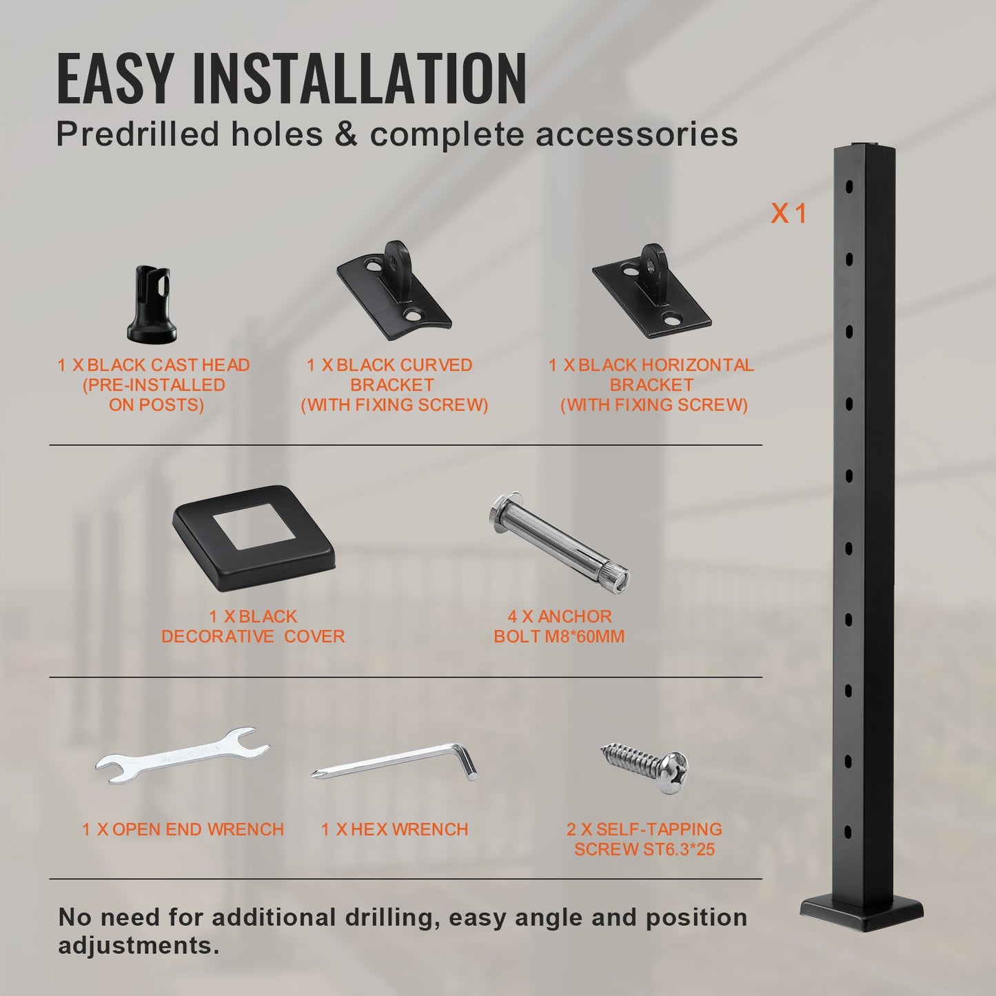 VEVOR Cable Railing Post, 36" x 2" x 2" Steel 30° Angled Hole Stair Railing Post,