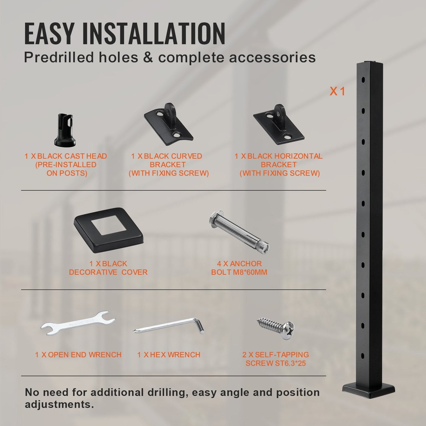 Stainless Steel Stair Railing Post with Angled Holes, 91.4x5x5 cm, Black