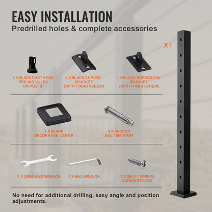 Stainless Steel Stair Railing Post with Angled Holes, 91.4x5x5 cm, Black
