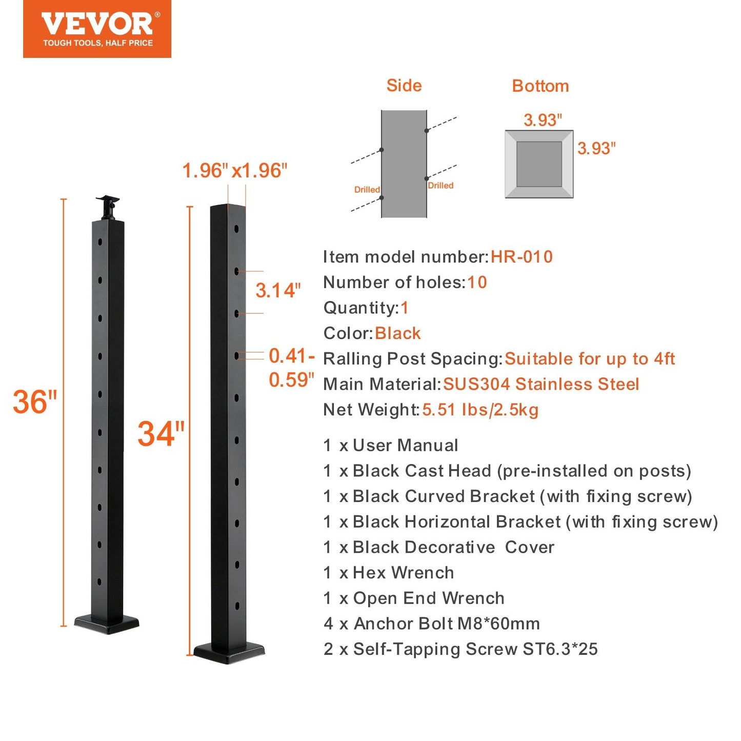 Stainless Steel Stair Railing Post with Angled Holes, 91.4x5x5 cm, Black