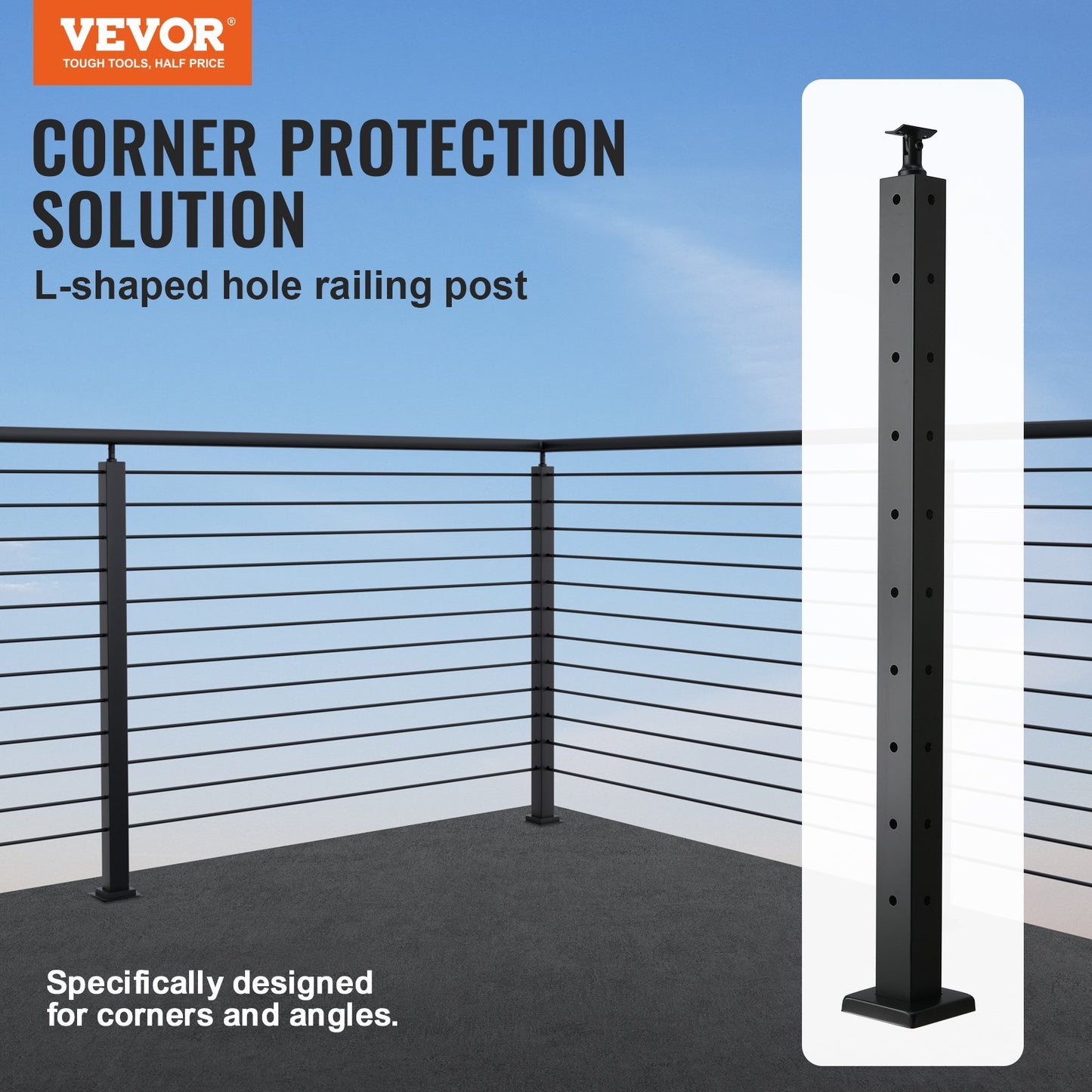 VEVOR Cable Railing Post, 36" x 2" x 2" Steel L-Shaped Hole Corner Railing Post,