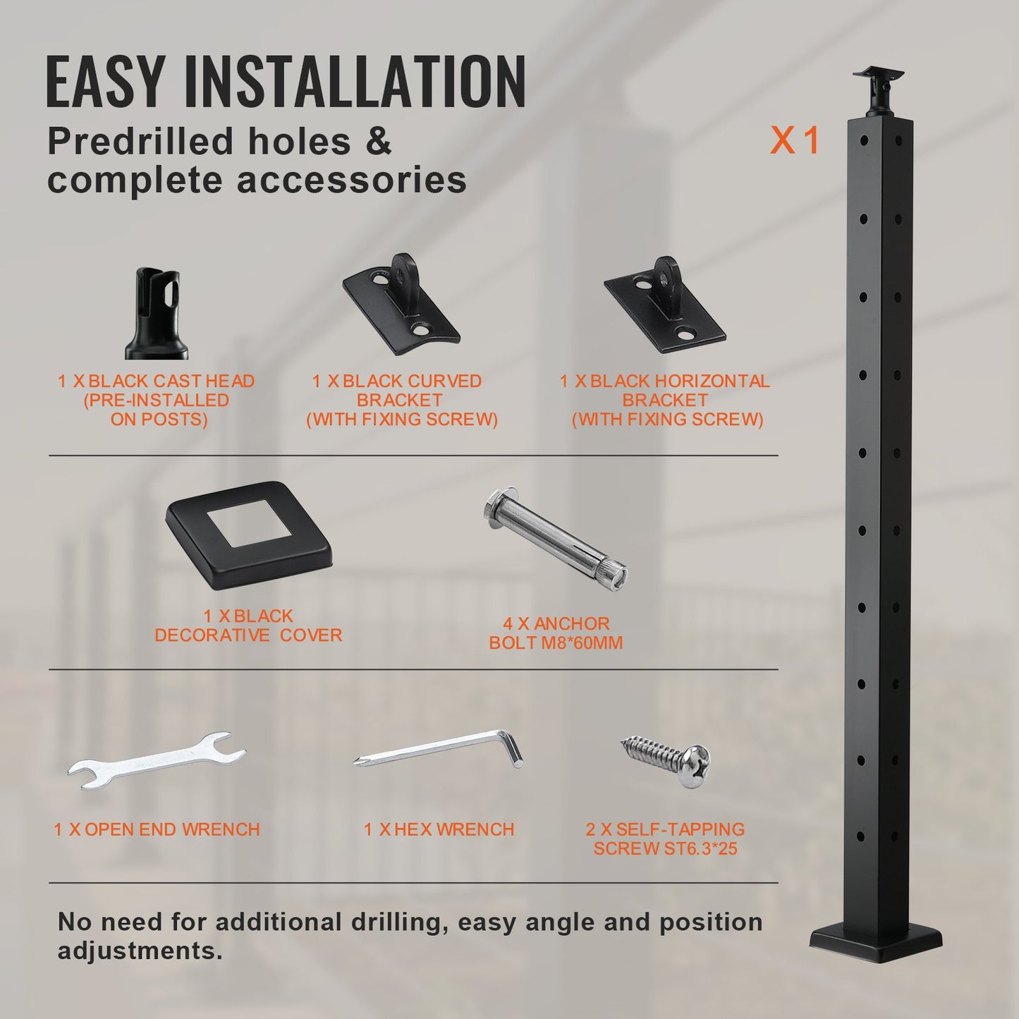 VEVOR Cable Railing Post, 36" x 2" x 2" Steel L-Shaped Hole Corner Railing Post,