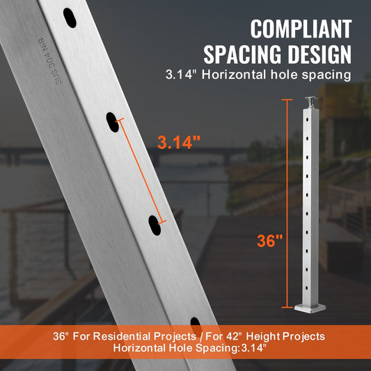 Stainless Steel Cable Railing Post, 91.4 x 5 x 5 cm, Silver, 10 Holes, Easy Install