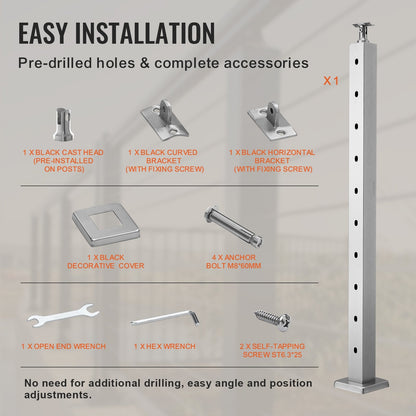 Stainless Steel Cable Railing Post, 91.4 x 5 x 5 cm, Silver, 10 Holes, Easy Install