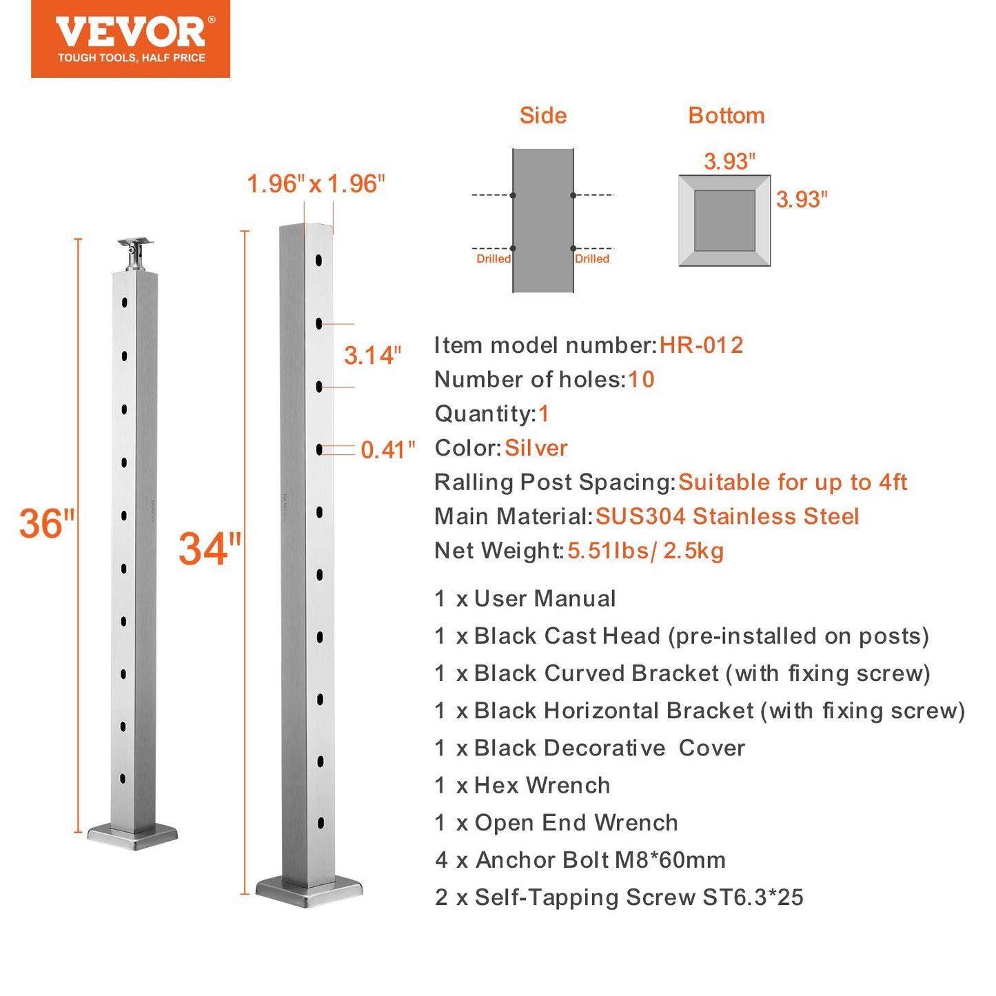 VEVOR Cable Railing Post, 36" x 2" x 2" Steel Horizontal Hole Deck Railing Post,