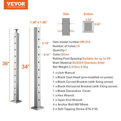 VEVOR Cable Railing Post, 36" x 2" x 2" Steel Horizontal Hole Deck Railing Post,