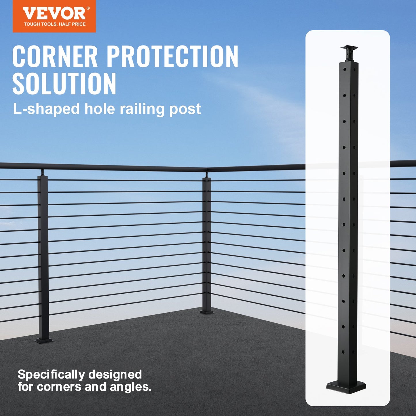 VEVOR Cable Railing Post, 42" x 1" x 2" Steel L-Shaped Hole Corner Railing Post,