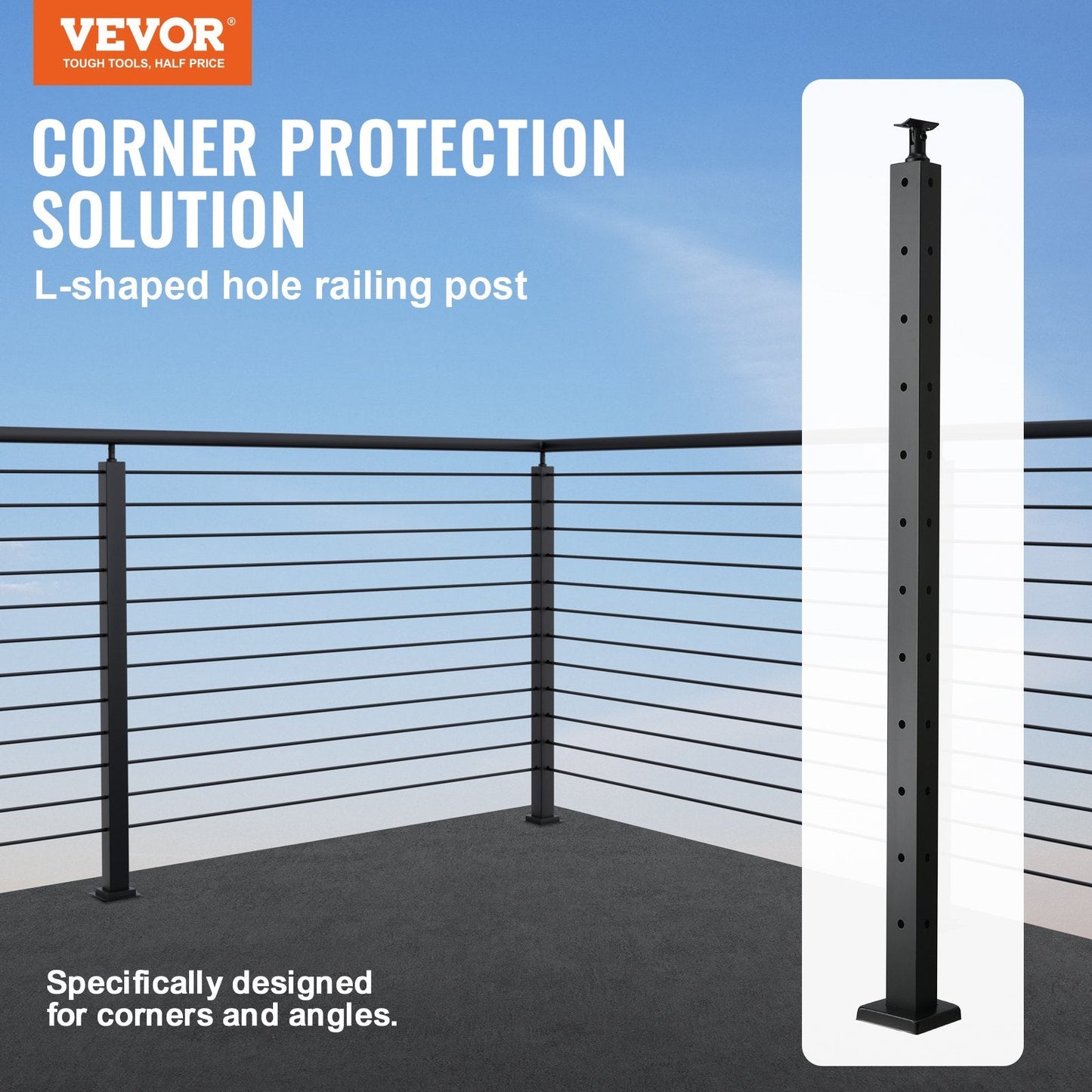 Steel Corner Cable Railing Post, 1m x 2.5cm, Black, with 12 Pre-Drilled Holes