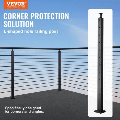 Steel Corner Cable Railing Post, 1m x 2.5cm, Black, with 12 Pre-Drilled Holes