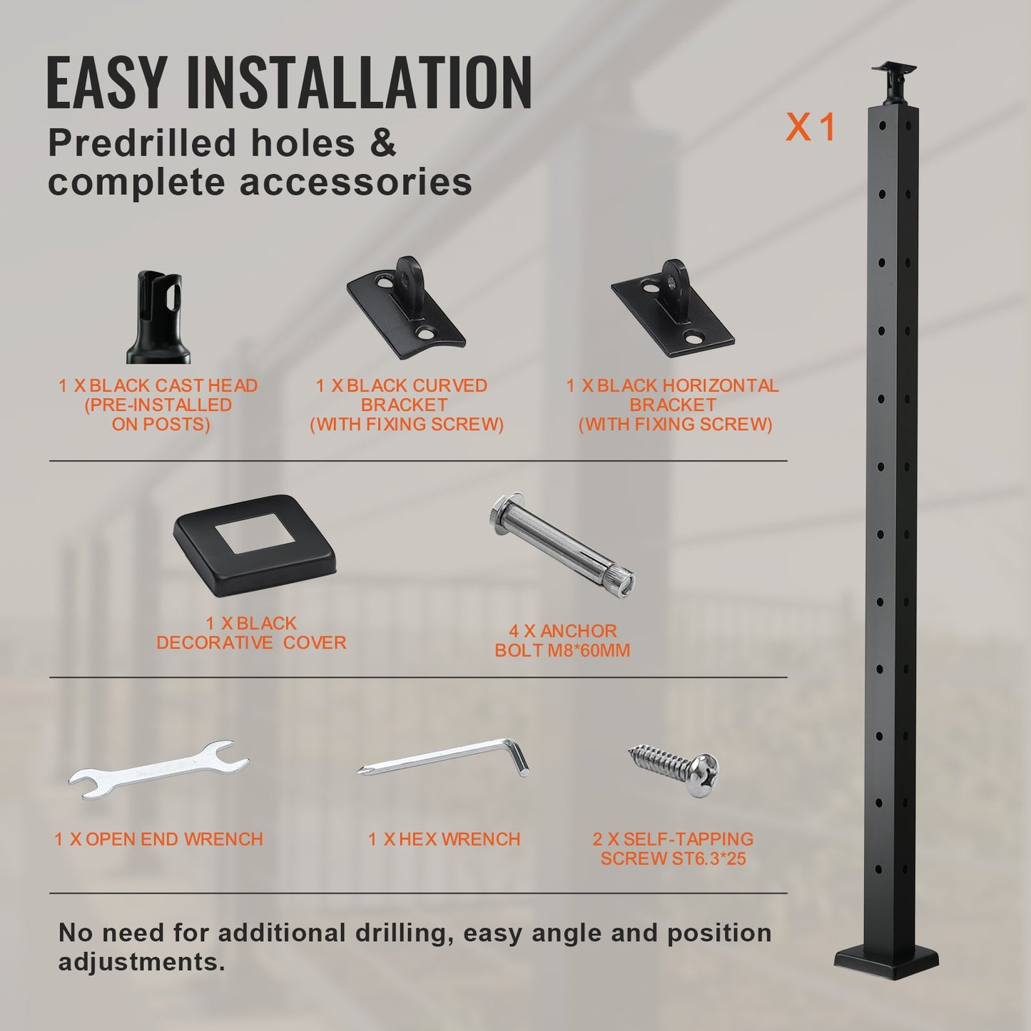 VEVOR Cable Railing Post, 42" x 1" x 2" Steel L-Shaped Hole Corner Railing Post,