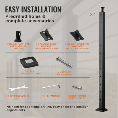 VEVOR Cable Railing Post, 42" x 1" x 2" Steel L-Shaped Hole Corner Railing Post,