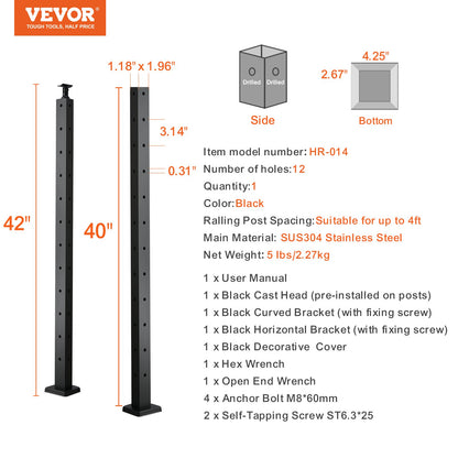 VEVOR Cable Railing Post, 42" x 1" x 2" Steel L-Shaped Hole Corner Railing Post,