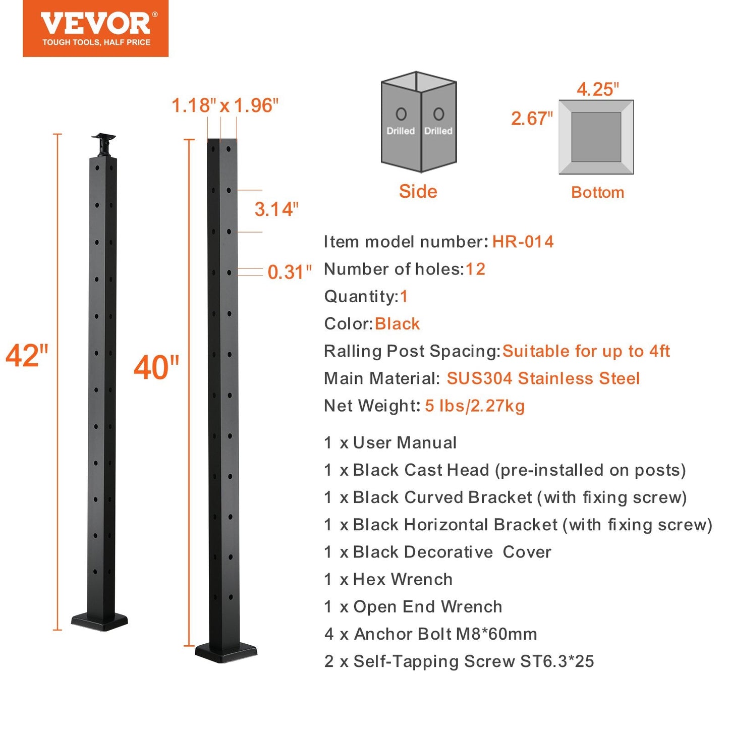 Steel Corner Cable Railing Post, 1m x 2.5cm, Black, with 12 Pre-Drilled Holes