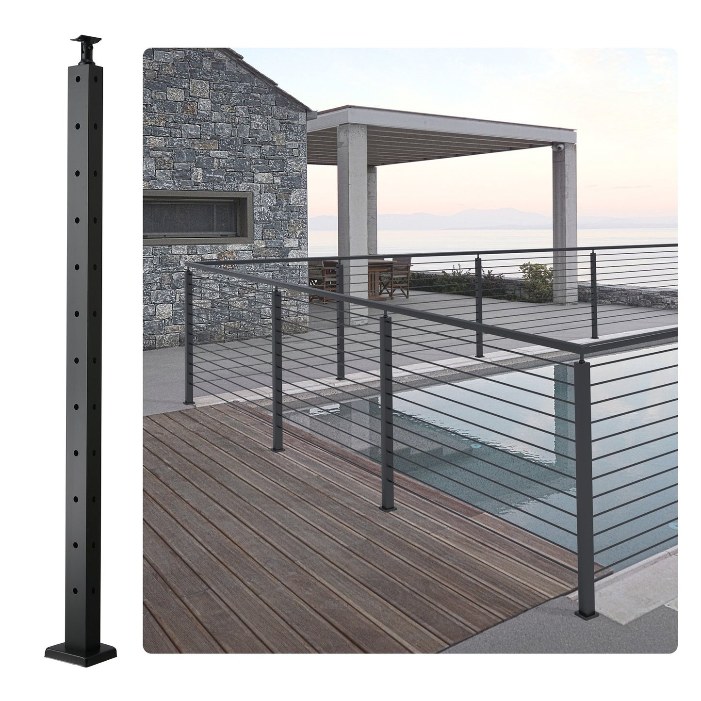 VEVOR Cable Railing Post, 42" x 1" x 2" Steel L-Shaped Hole Corner Railing Post,