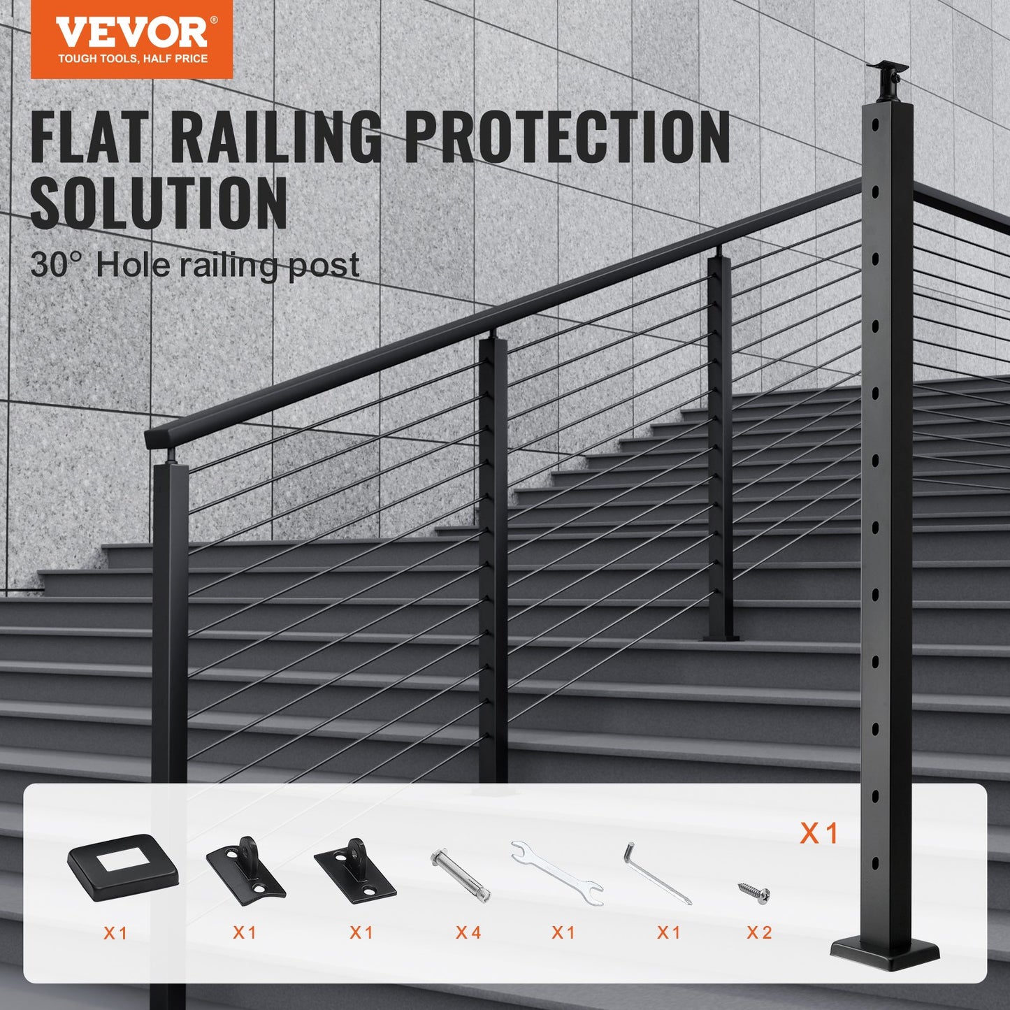 VEVOR Cable Railing Post, 42" x 1" x 2" Steel 30° Angled Hole Stair Railing Post,